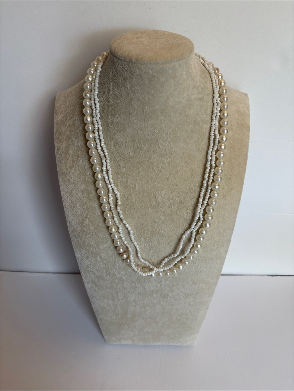 Layered Faux Pearl Necklace Three Strand White Seed Bead Necklace 22"